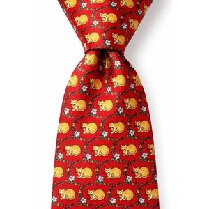 Vtg Luciano Firenze Yellow Cat Print  Silk Tie Red Italian Novelty Necktie READ